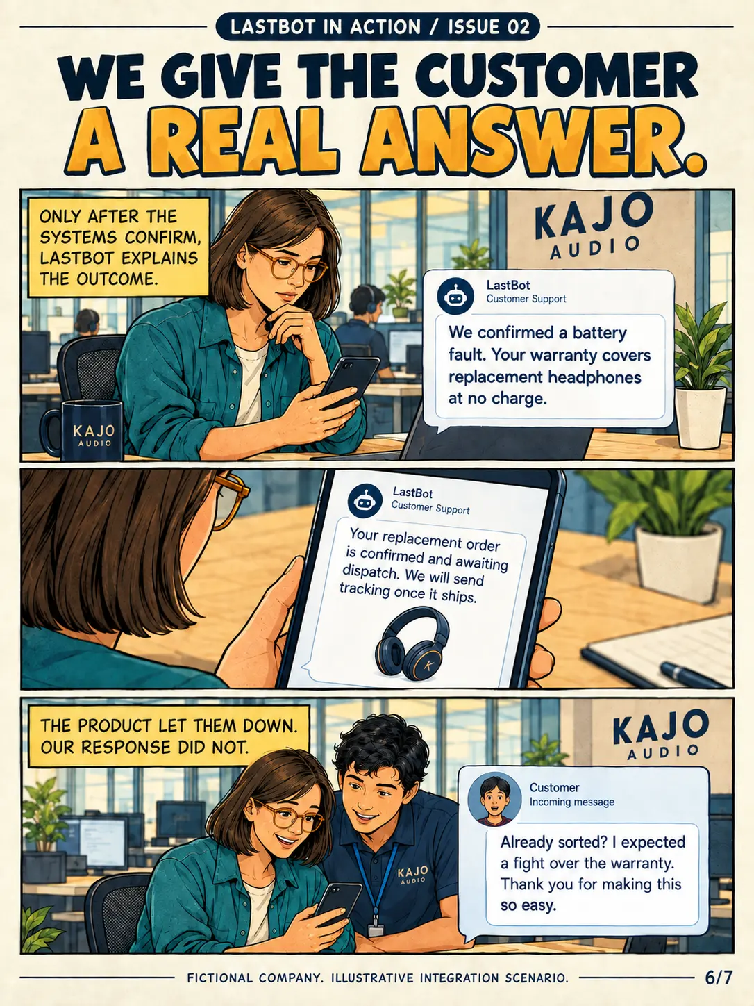 Page 6: LastBot tells the customer the fault is confirmed and the replacement is on its way