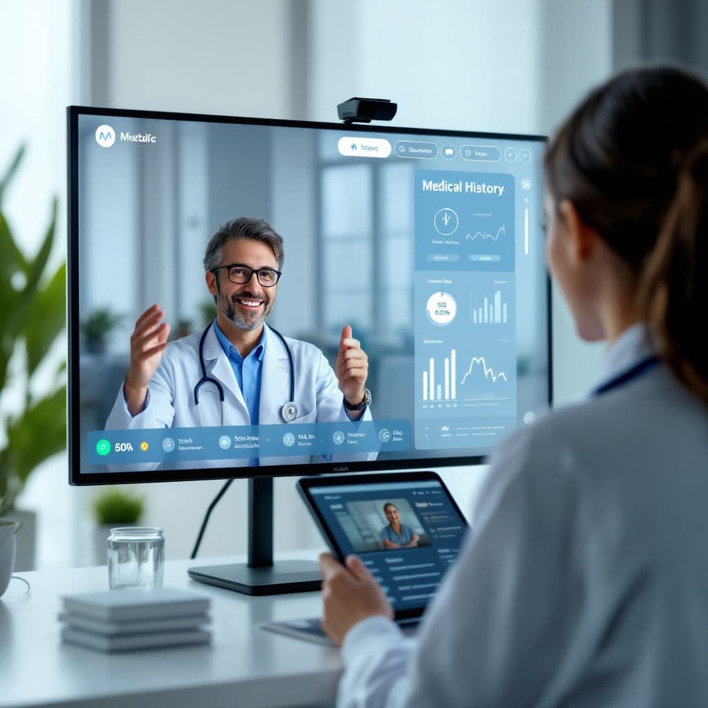 Remote Healthcare Consultation - Modern telemedicine interface with patient and doctor