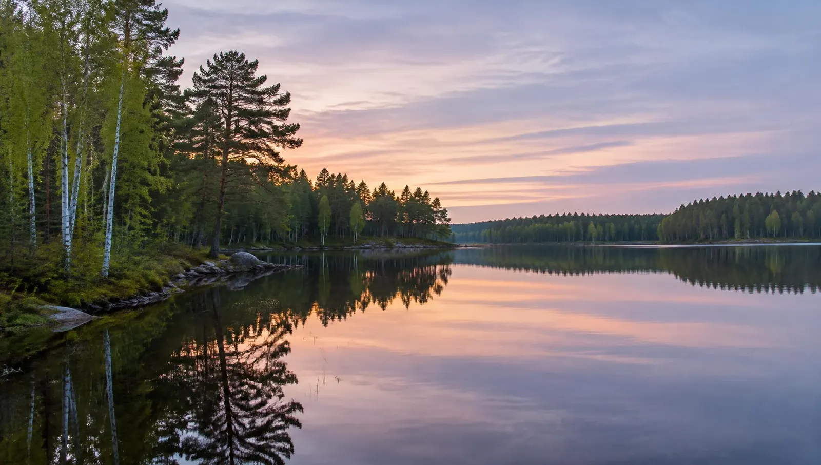 Calm Finnish lake at dawn with birch and pine shoreline