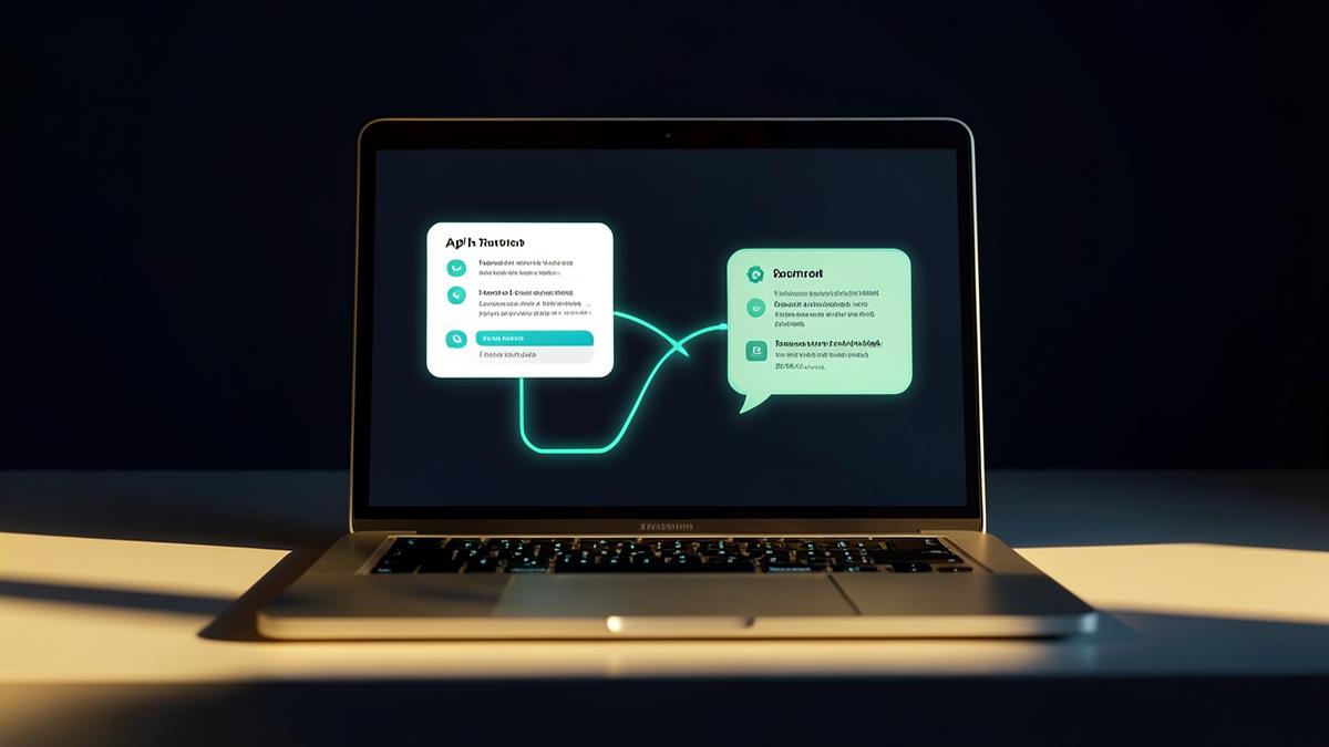 A laptop connecting two API documentation panels into a single chat conversation