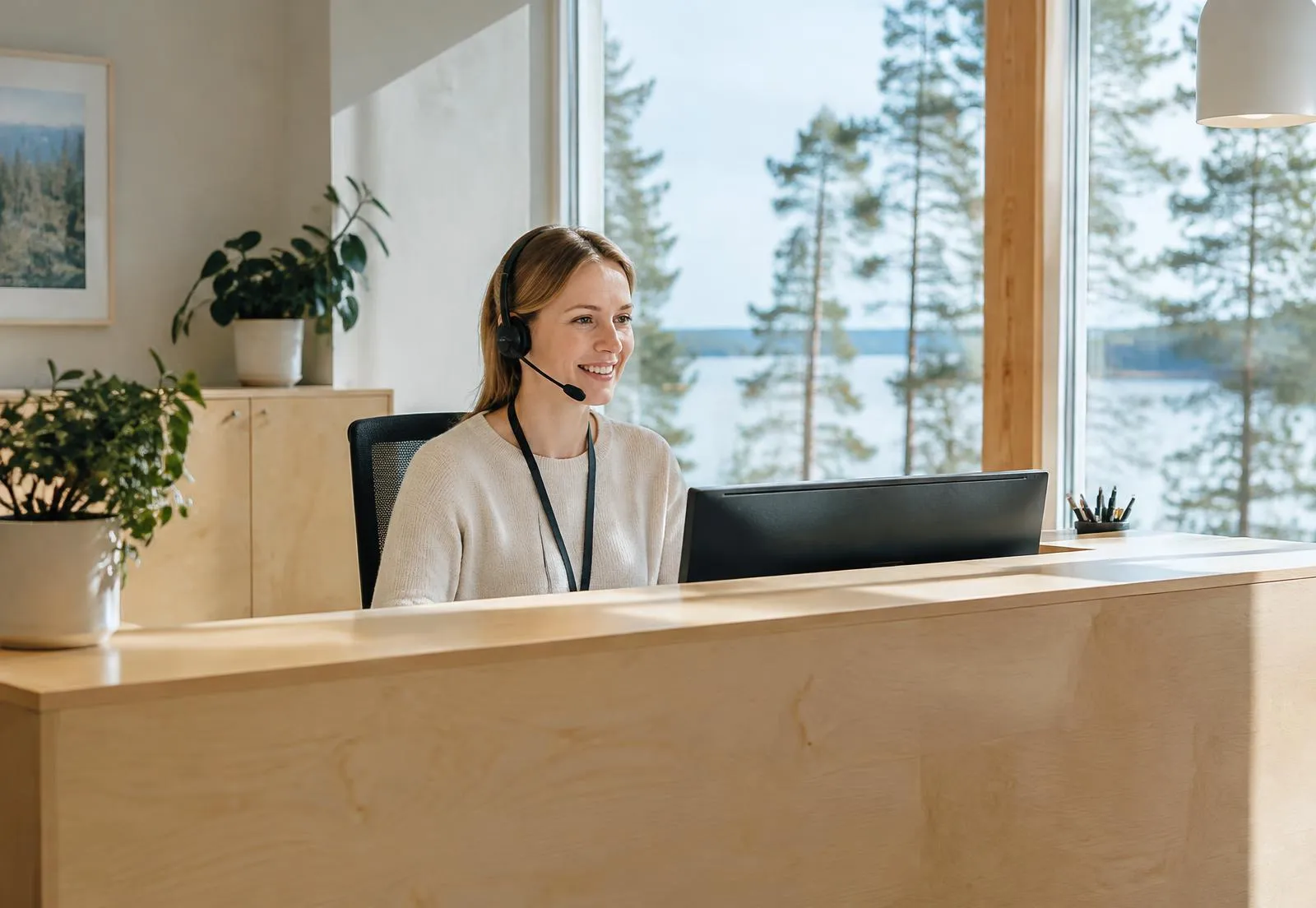 Receptionist with a headset at a birch reception desk by a lake window