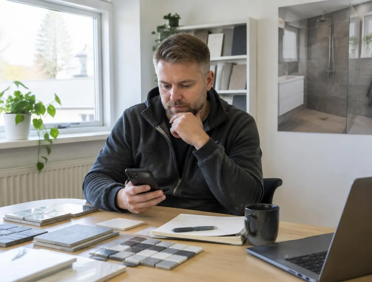 Owner of a small bathroom renovation business checking customer messages on his phone