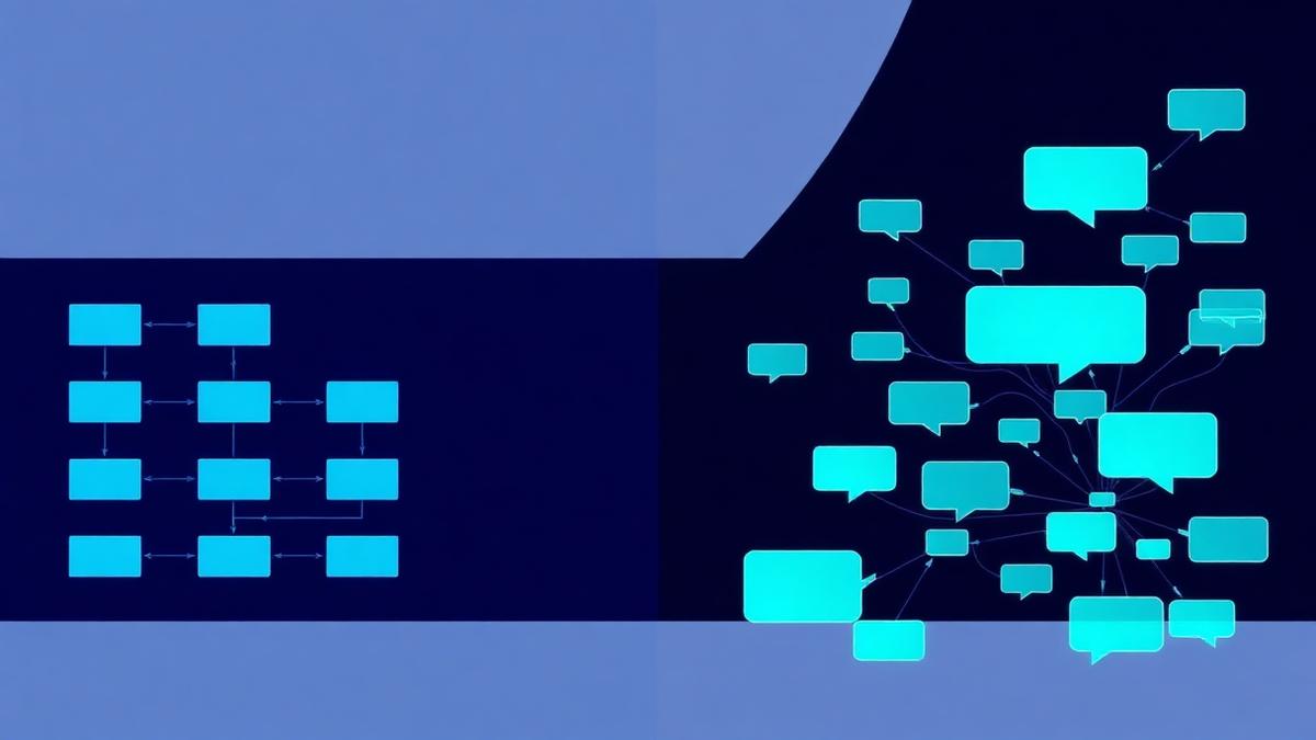 A rigid flowchart on the left contrasted with a flowing network of conversation bubbles on the right